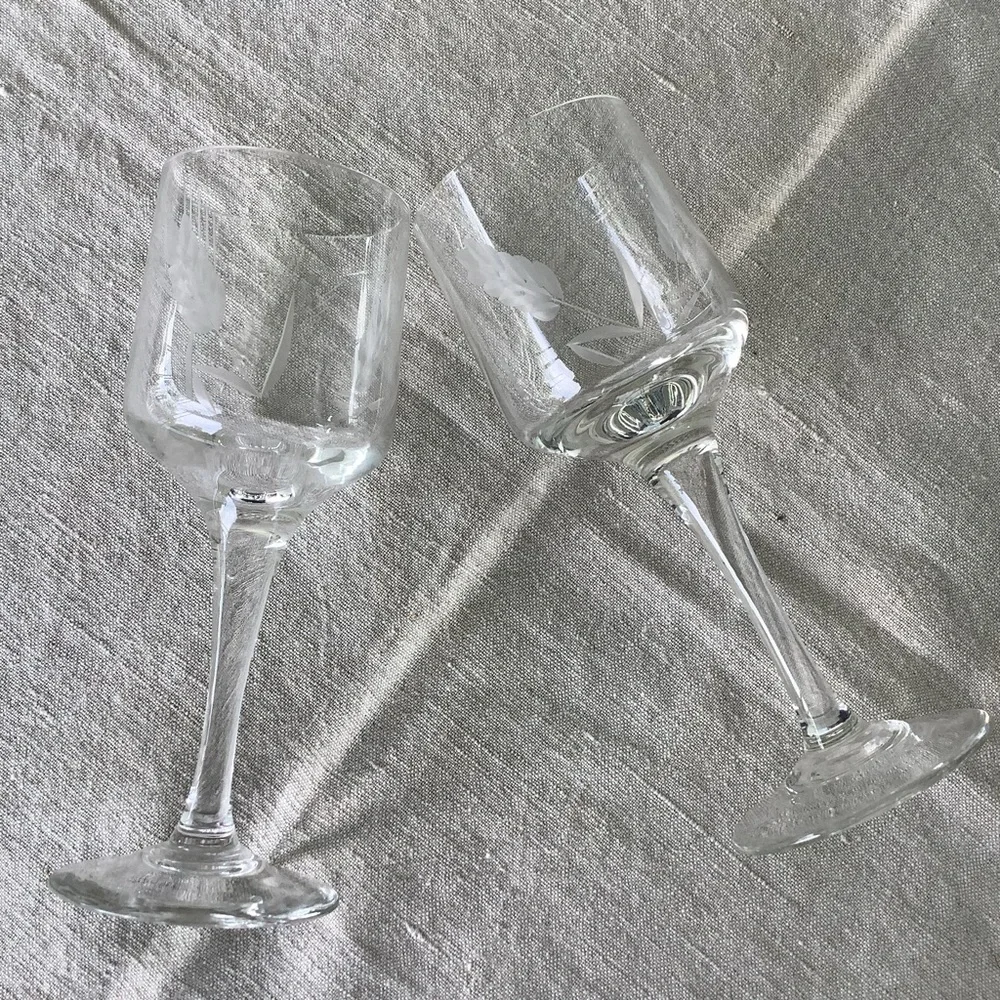 Pair of Vintage Etched Wheat Stemmed Sherry Glasses